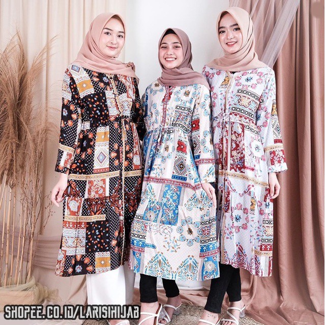Alderra Aldera Tunik Rayon Motif Kotak Bunga Bunga Busui Syari