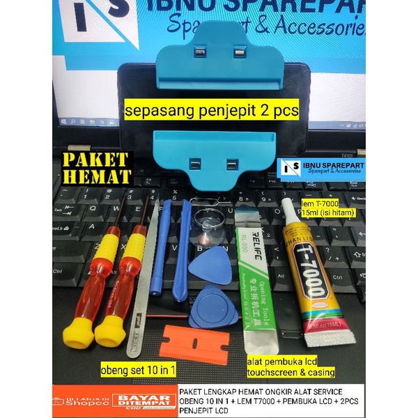 OBENG SET ALAT SERVICE LENGKAP / PAKET OBENG 10 IN 1 + PENJEPIT + LEM B7000 T7000 15ML + PEMBUKA LCD RL-050 OPENING TOOLS