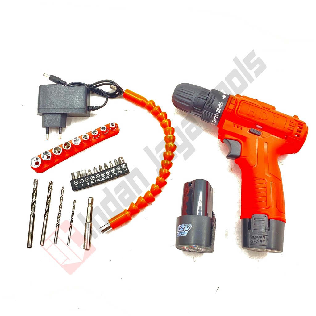 HDT CDD 405 Mesin Bor Cas Charger 12V - Cordless Drill Set Mata Bor Obeng Baterai Batere