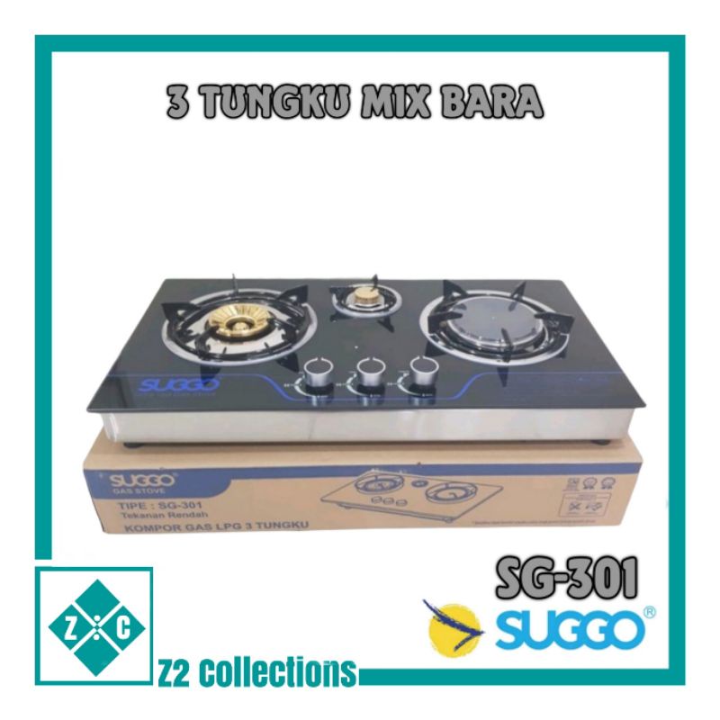 Kompor tanam SUGGO SG-301 Kompor 3 tungku dengan 2 tungku api gas dan 1 tungku infrared kompor kaca