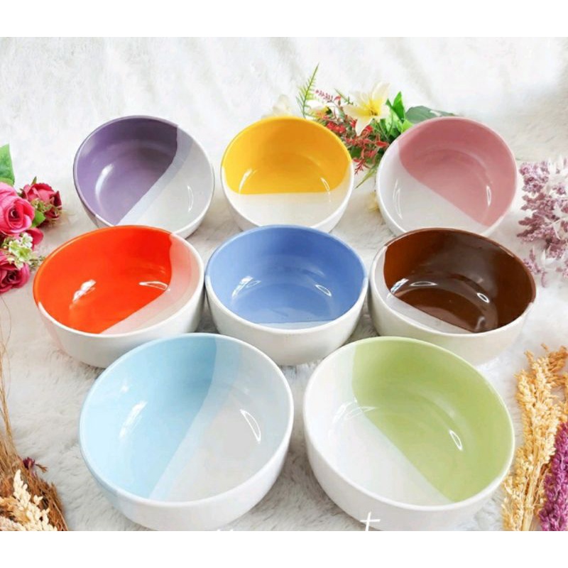 PROMO MANGKOK KERAMIK TWO TONE MANGKOK 2 WARNA BULAT CANTIK UKURAN 14CM TEBAL MANGKOK MUESLI KAIBON