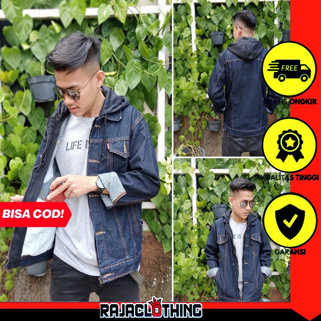 RCL - Jaket Jeans Hoodie Ariel Casual Pria - Jaket Jeans Denim Double Sleeting - Garmen - Hitam Big Size M.L.XL.XXL