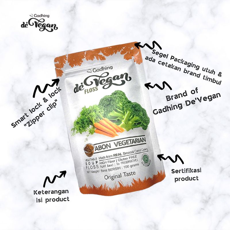 

Abon Soup Vegan vegetarian" Gadhing De'Vegan" Pouch 100 gram, allium free, gluten free, meatless, eggless, no pengawet, Zipper klip