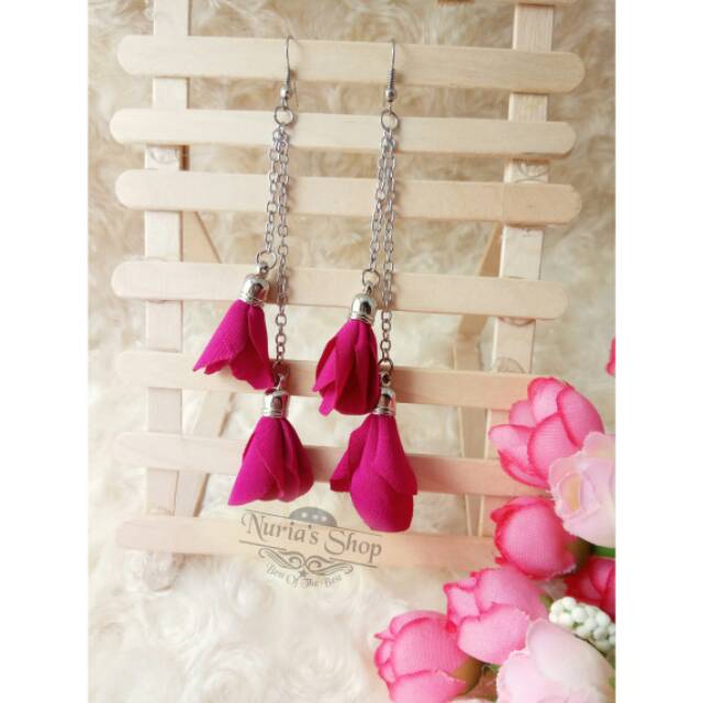 anting hijab (04) earing tasel tassel kain bunga frill mutiara bulat rantai bros jilbab