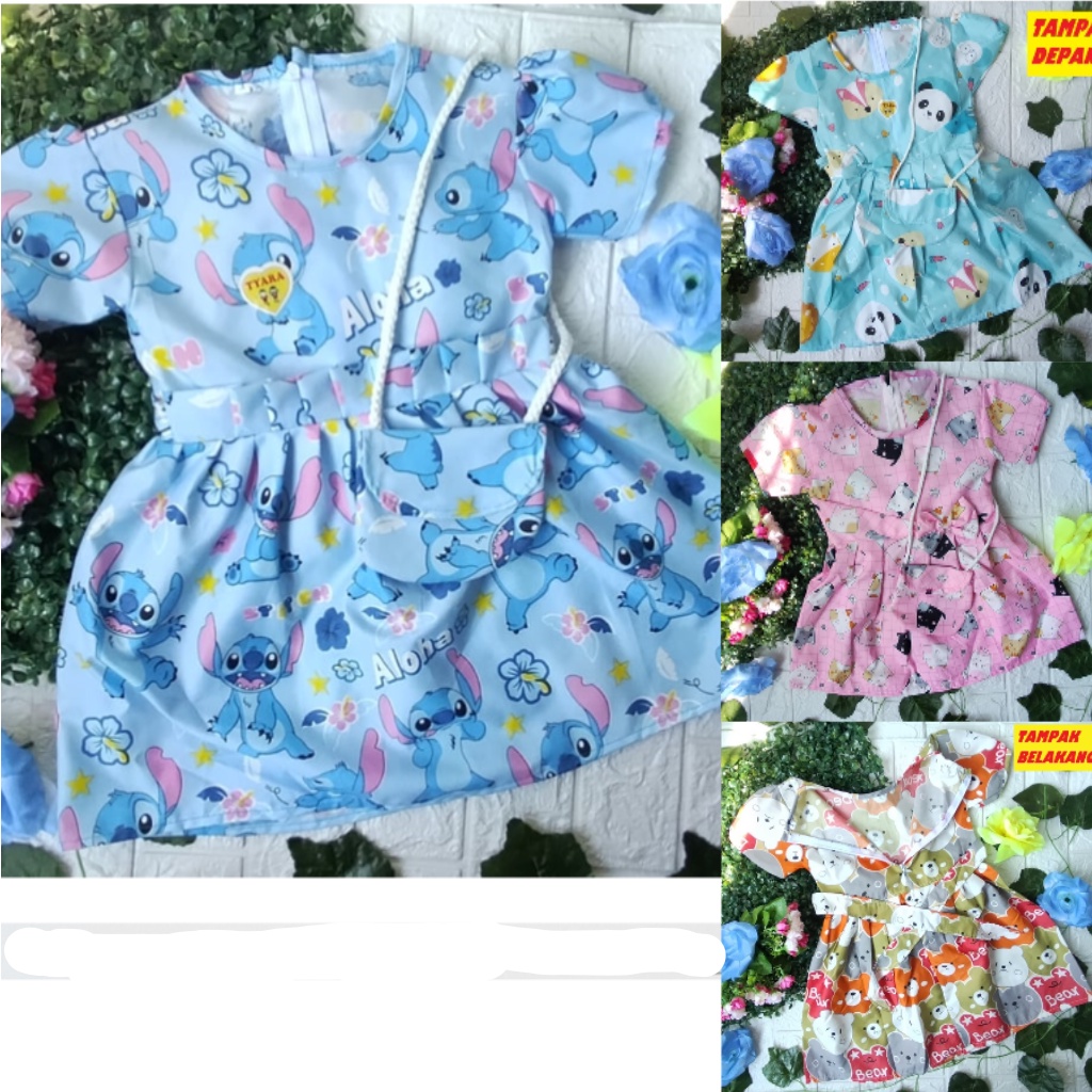 Dress Anak Printing Animasi | Dress motif Lucu bahan Katun lembut | size 1-14 | TERMASUK TAS / Dress Bayi Karakter Printing