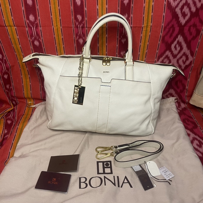 Preloved Bonia Original Tas Hand Bag Purse Tote Wanita White Leather