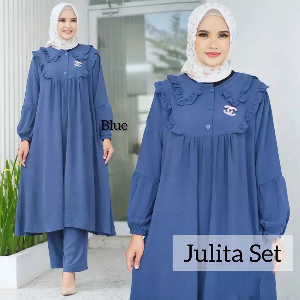 Julita Set Baju Wanita Setelan Jumbo Terbaru 2022/Setelan Muslim Wanita Terbaru Bahan Cringkle/Setelan Long Tunik Set/ Fashion Outfit set 2 In 1 Anti Kusut