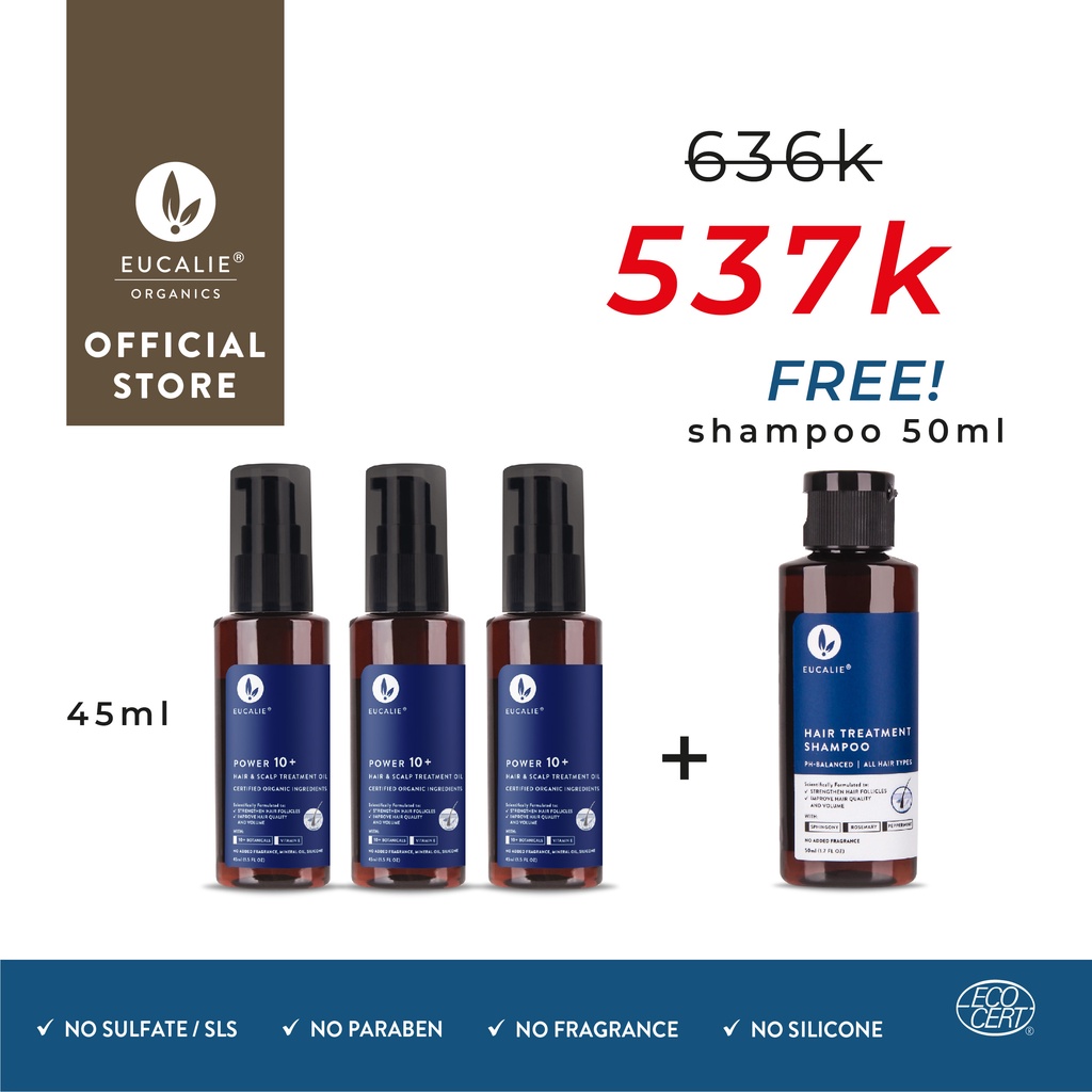 Eucalie Organic Hair Growth Oil & Scalp Treatment - Power 10+ (Rontok, Rusak, Ketombe, Sensitif)-BUY 3 GET 1 FREE
