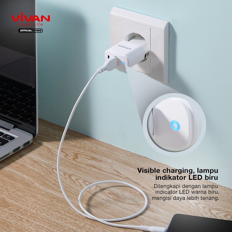 Charger VIVAN Power Super Fast Charging Dual Port USB (QC3.0) &amp; Type-C (PD) 3A 18W Garansi 1 Tahun