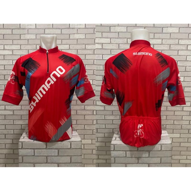 OBRAL jersey sepeda lengan pendek baju gowes Shimano merah kantong belakang resleting depan kaos roadbike funbike MTB