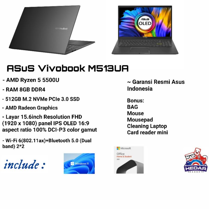 Asus vivobook 15 M513UA Ryzen 5 5500U 8GB 512GB W11 OHS 15 OLED FHD