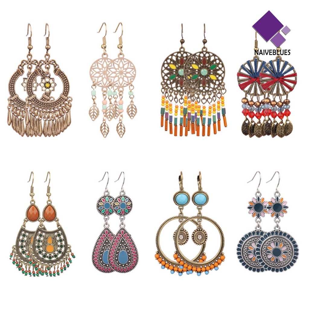 1 Pasang Anting Kait Gantung Wanita Desain Hollow Hias Manik-Manik Multi Warna Gaya Bohemian Untuk Pesta