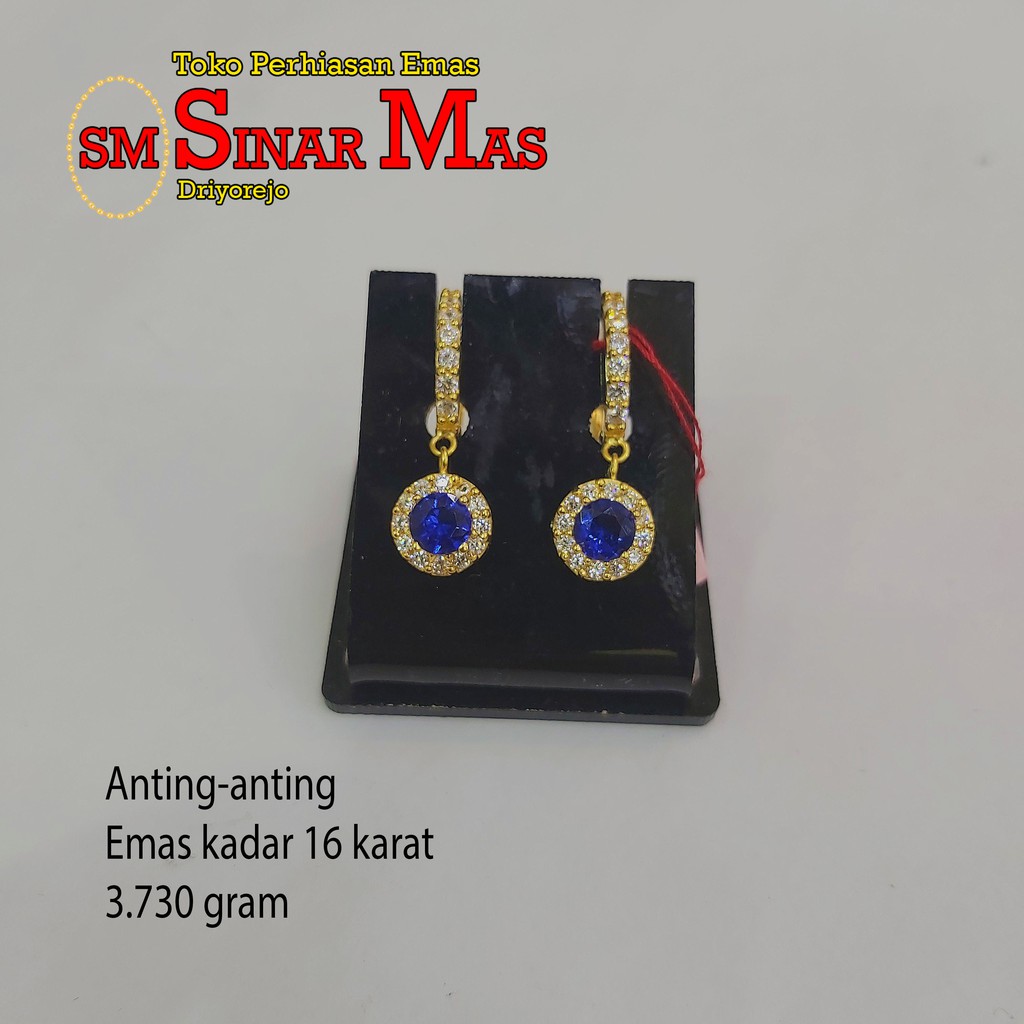 Anting-Anting Klep Full Mata + Batu Biru Emas 16 Karat/70% -- 3.73 gr