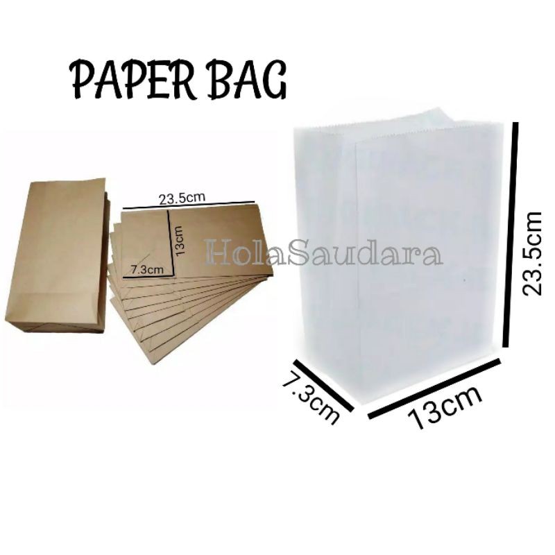 

PAPER BAG KERTAS POLOS/KANTONG KERTAS (COKLAT/PUTIH) ISI 100PCS UK. 23.5CM×13CM×7.3CM