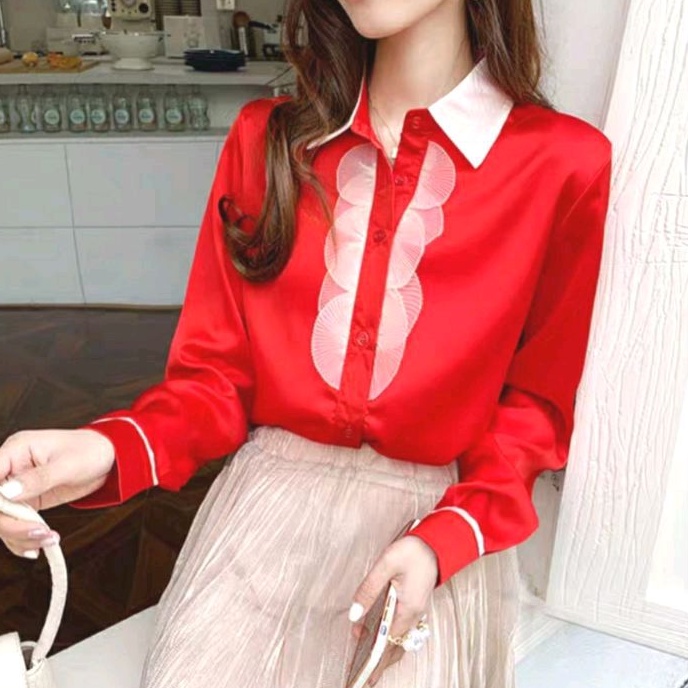 0949 CNY Baju atasan blouse lengan panjang merah Korean style wanita import baju atasan blouse blus 