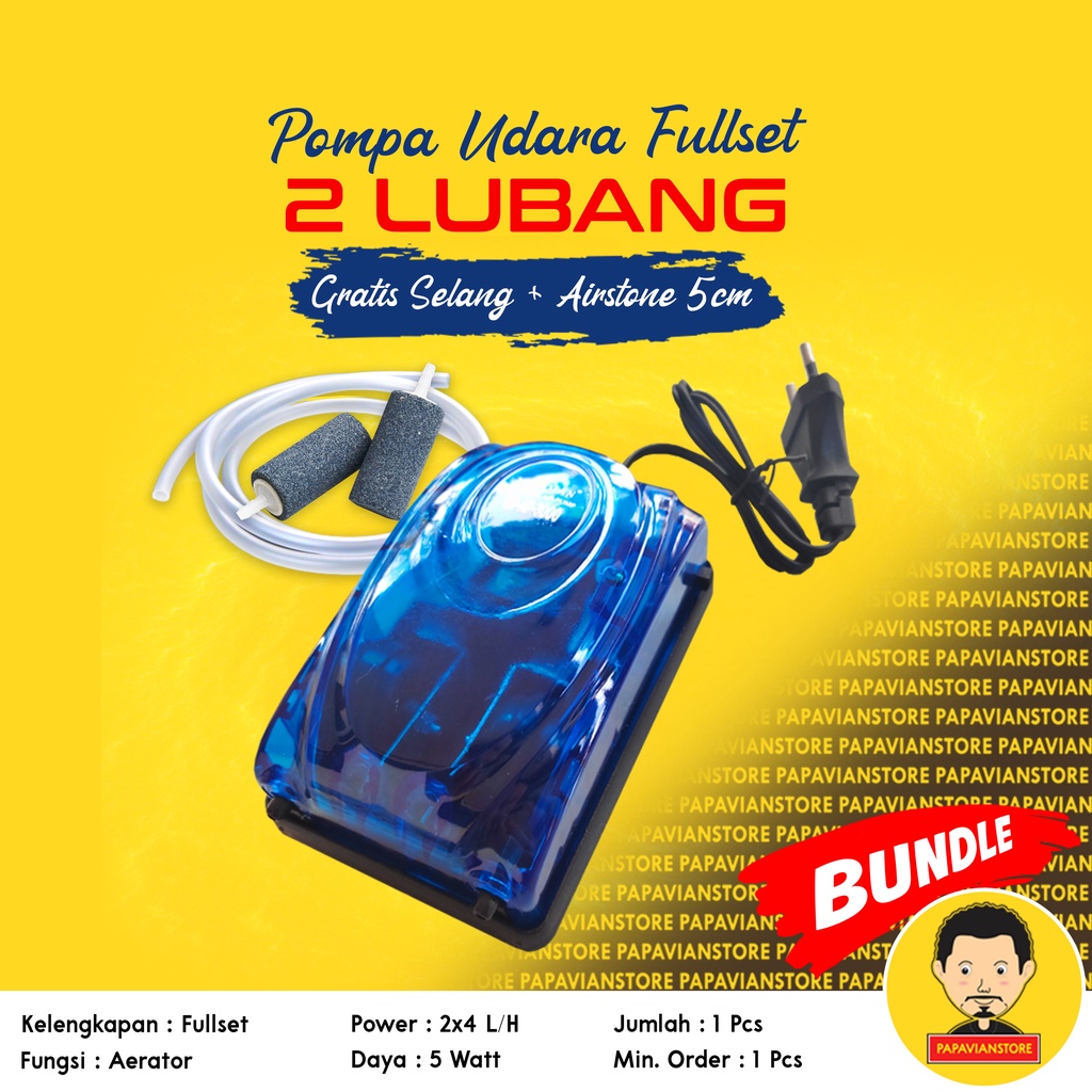 Pompa Udara Aerator Mesin Gelembung 1 2 Lubang AC Aquarium Kolam Ikan Hias Aquascape Koi Fullset Gratis Selang Air Stone Udara Air Pump Low Watt - 3 2x4 Liter Per Menit LPM Rendah Daya P030