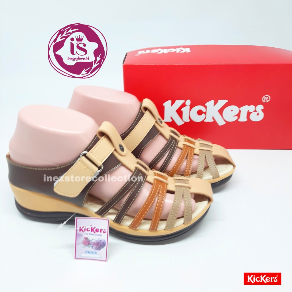 WEDGES SANDAL WANITA KICKERS PROMO KODE SR COKLAT-KREM MURAH GROSIR