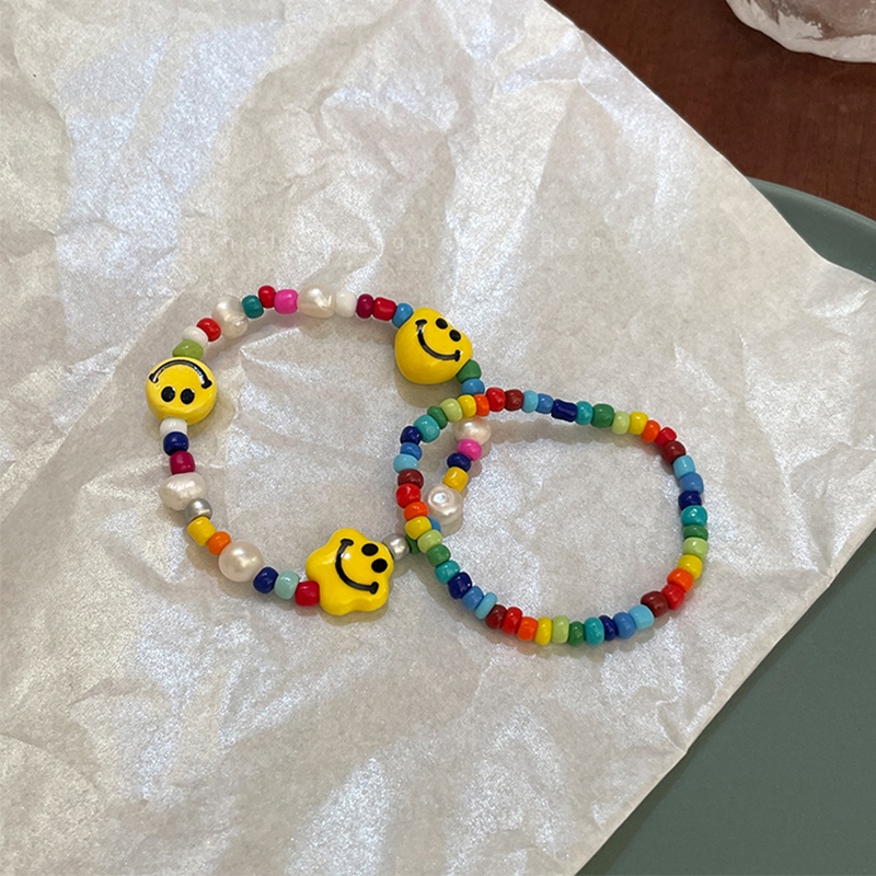 Gelang Tangan Manik-Manik Elastis Warna-Warni Motif Bintang / Awan / Smiley Face Untuk Wanita