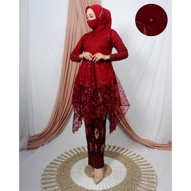 ( COD ) Setelan kebaya tunik selendang kutubaru payet - motif bunga - outfit kekinian - kebaya modern - bahan brukat non gliter - baju pesta keluarga, wisuda, pakaian kondangan, nikahan ataupun akad