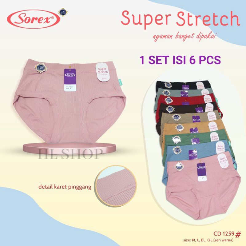 6 PCS / Setengah Lusin CD Sorex 1259 Celana Dalam Wanita Super Stretch Midi