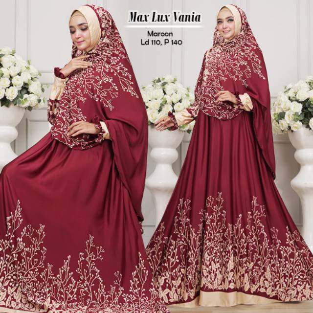 Vania syar'i gamis bahan maxmara lux Ld 110 pjng 140, khimar mat maxmara motif senada sm gamis