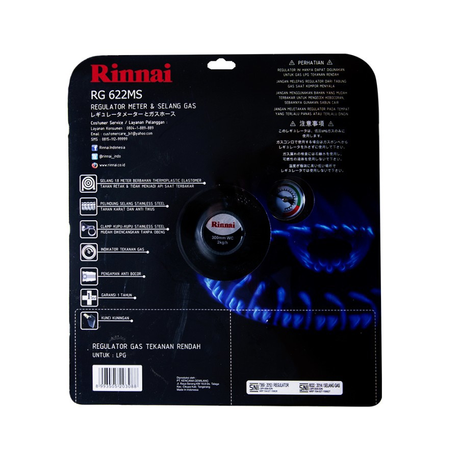 RINNAI RG 622 MS Regulator Gas + Selang Tekanan Rendah