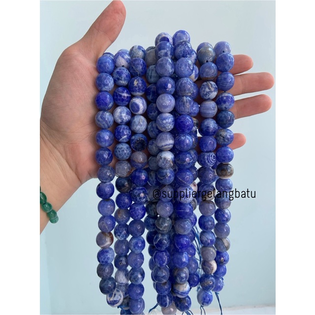 batu alam sodalite serat FACETED 14mm cutting biru putih aksesoris