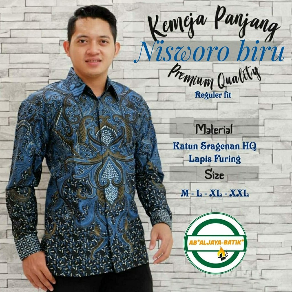 NISWORO BIRU Kemeja Batik Pria Lengan Panjang Katun Halus FULL FURING Batik Aljaya