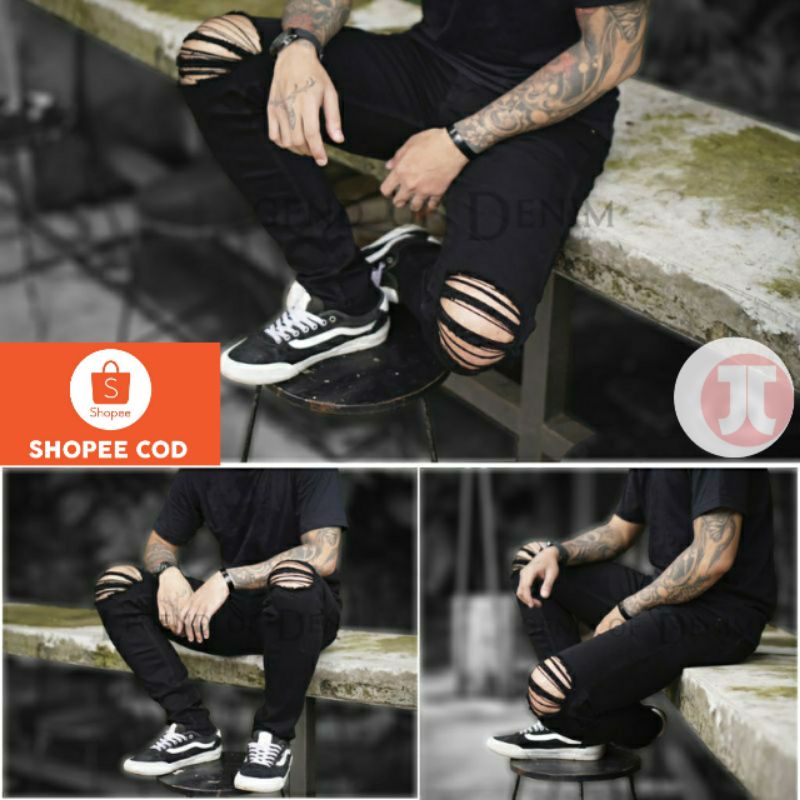 Celana jeans sobek lutut pria ripped jeans softjeans stretch lentur karet melar hitam skinny slimfit