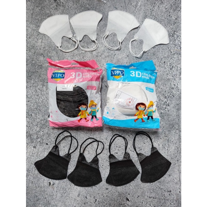 MASKER KIDS DB VIPO - MASKER DUCKBILL VIPO ANAK GARIS 3PLY PUTIH HITAM ISI 50 PCS