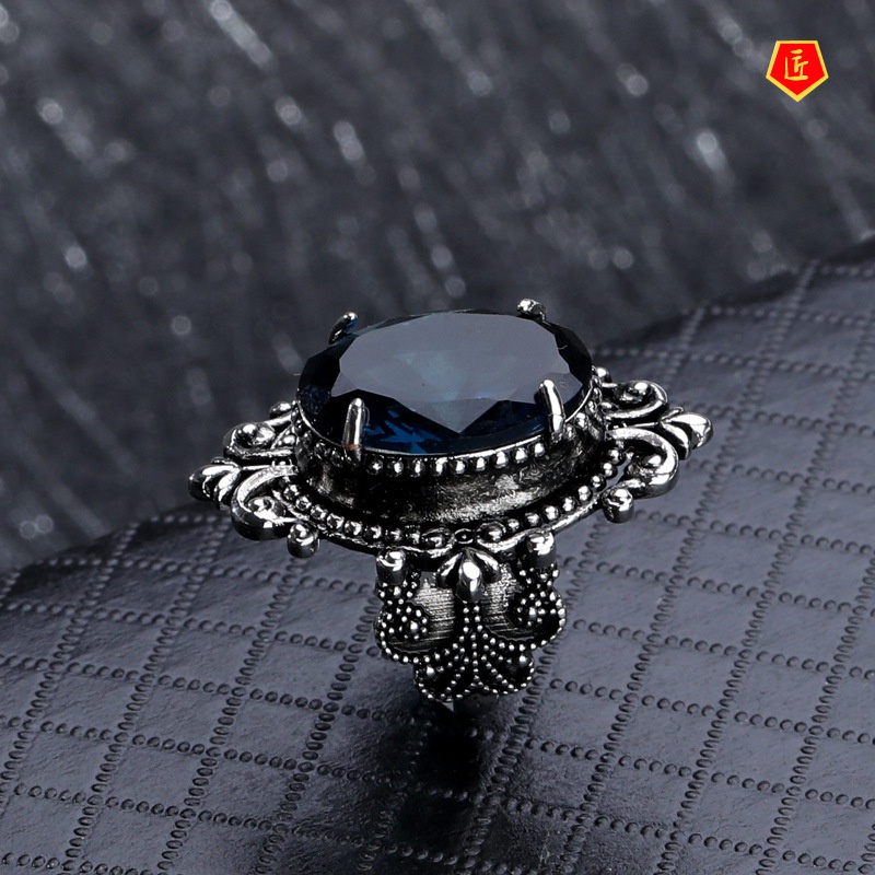 [Ready Stock]Blue Topaz Ring European and American Retro 925 Silver