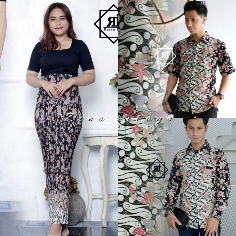 COUPLE KEMEJA BATIK COUPLE ROK BATIK PRISKET MOTIF BUGENVIL HITAM