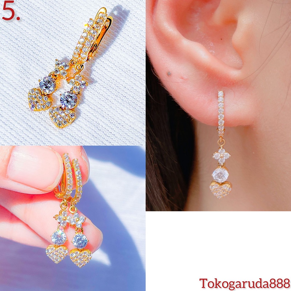 Anting jepit gantung anak dan dewasa emas asli kadar 700 70 16k diamond look panjang mewah clover drop love hati bola bling permata giwang kerabu gold