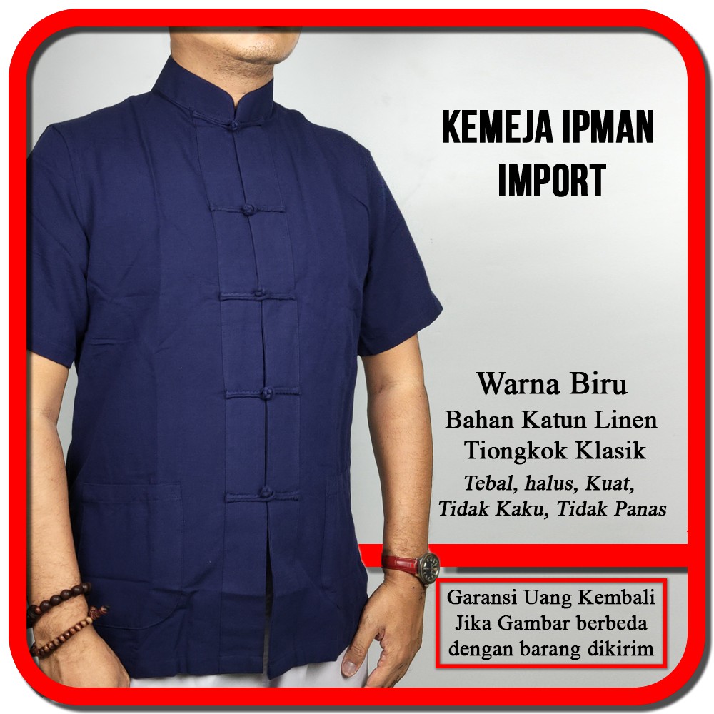 Kemeja Shanghai Pria Cheongsam Ipman Wingchun Tangan Pendek Import Biru Navy