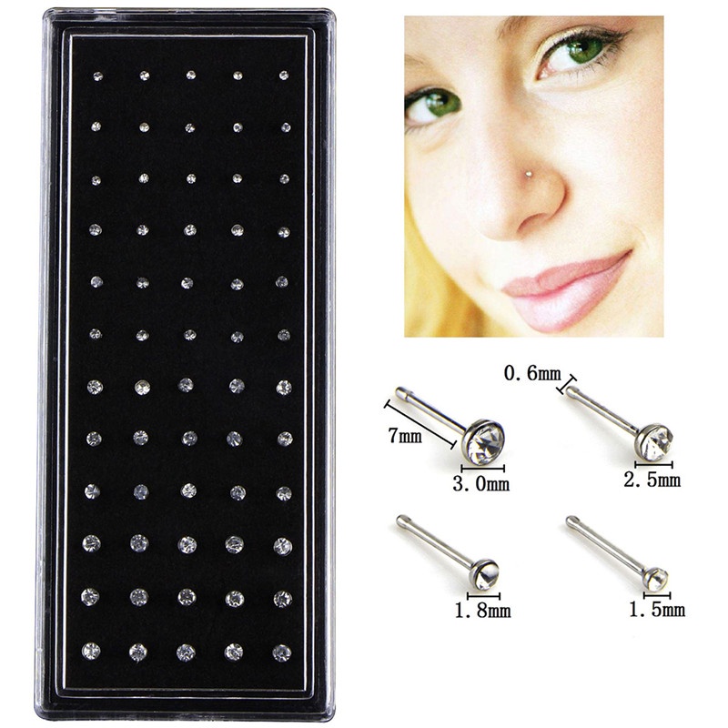 60pcs Anting Tindik Hidung Bahan Stainless Steel Dengan Kristal Berlian Imitasi