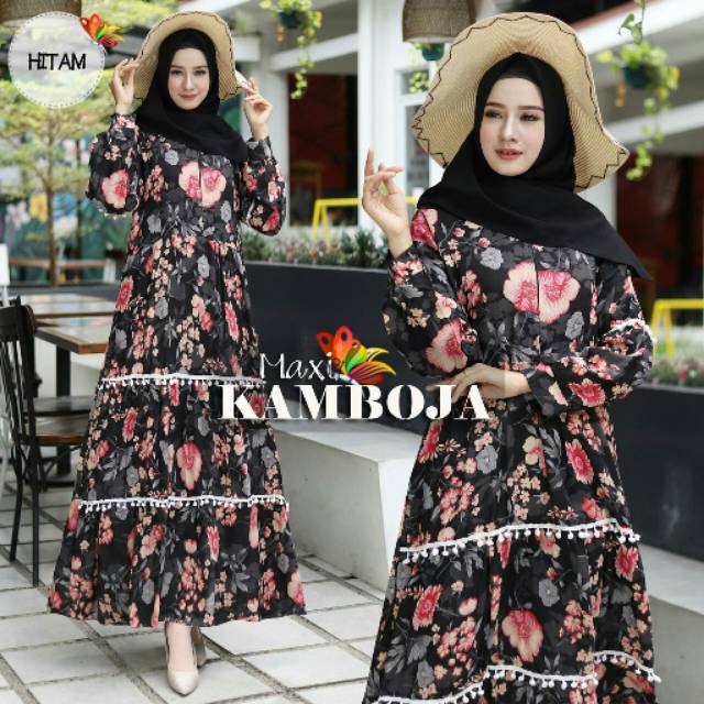 Gamis Rayon Motif Bunga Kamboja Maxi Dress Slet Busui Renda Pompom