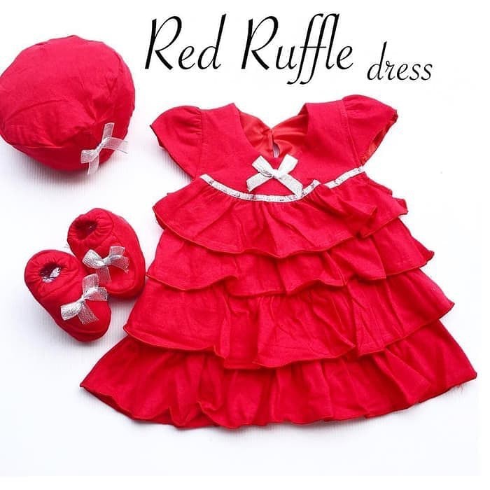 RED RUFFLE / RED FLAMINGO Dress Merah Bayi 1 Bulan aqiqah Fashion Termurah Bahan Katun Lembut Kualitas Bagus Lucu rubie