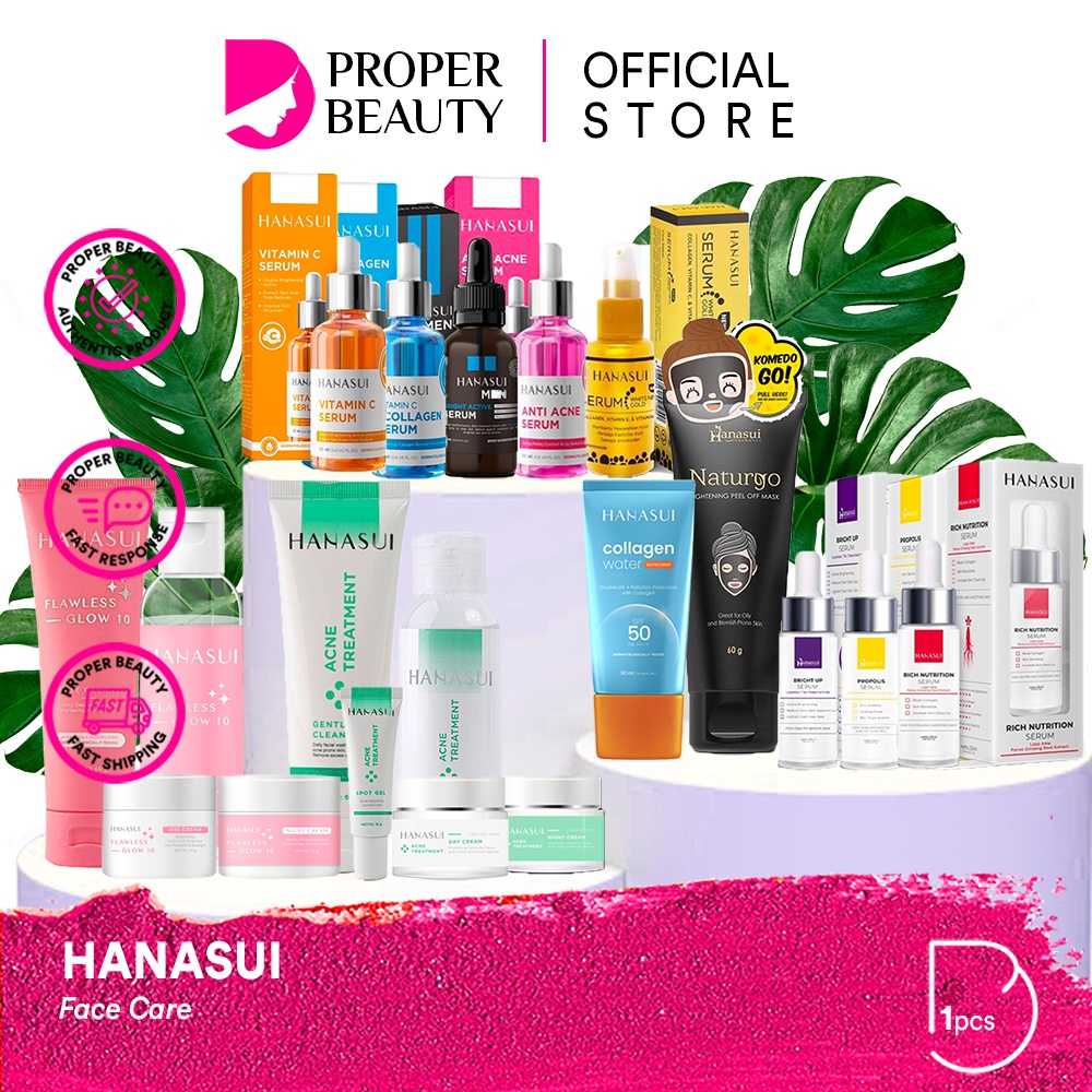 HANASUI Face Care Indonesia / Skincare Cleanser Toner Essence Mist Serum Day Night Eye Cream Sunscreen Spot Gel Mask / Body Spa Lotion Hair Soap Shampoo Perfume / Acne Flawless Glow Naturgo Power Men Collagen Lipstik Lip Tint Stain Make Up Paket Set Wajah