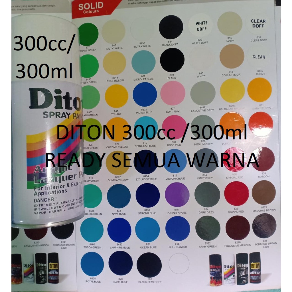 SOLID COLOURS DITON Spray Paint Acrylic Lacquer Paint 300cc Pilox Pilok Cat Semprot Glossy Mengkilap Solid 300ml (Black Clear Red Blue Clear Silver Grey Pink Orange Yellow)