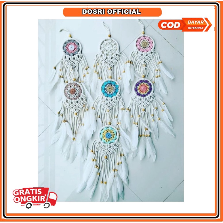 Dreamcatcher / rajut / macrame / 9cm / hiasan dinding / gantungan mobil / penangkap mimpi / bulu