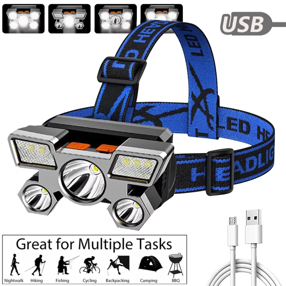 SENTER KEPALA MINI 5 LED 30W + 10W / HEADLAMP USB CHARGEABLE / SENTER MINI CAS