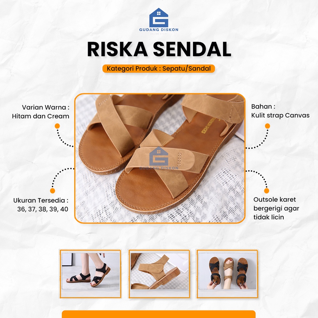 Riska Sandal Kulit PU Wanita Sendal Kekinian Strap Canvas