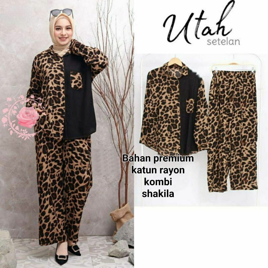 Baju Setelan Wanita Dewasa Import Kekinian Terbaru 2021 ST Utah Stelan Leopard Matt Katun Rayon LD 1
