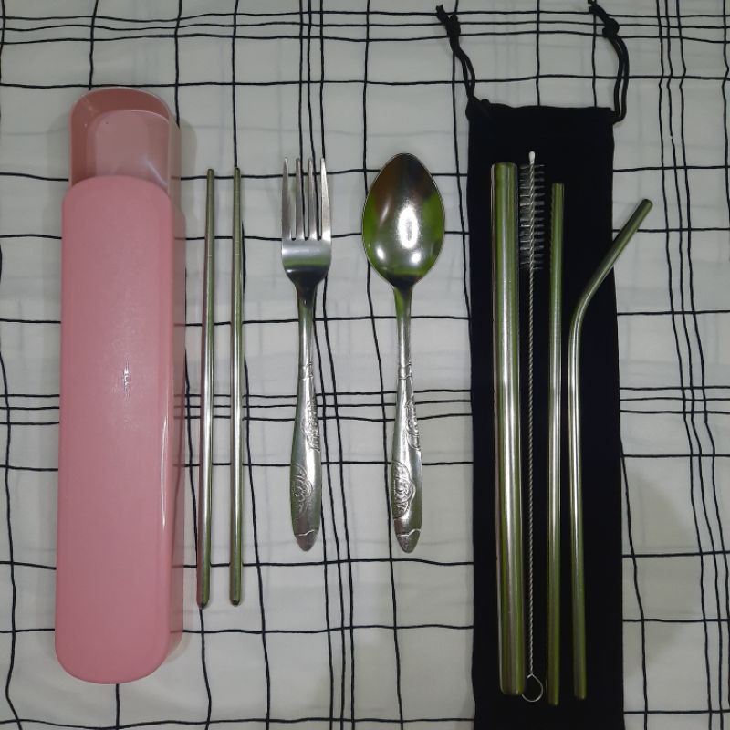 sendok set stainless, sendok set jerami, sedotan stainless set