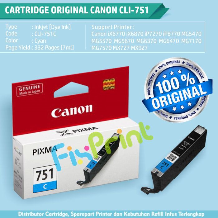 Cartridge Original Canon CLI-751 CLI751 751 751C CLI-751C Cyan, Tinta