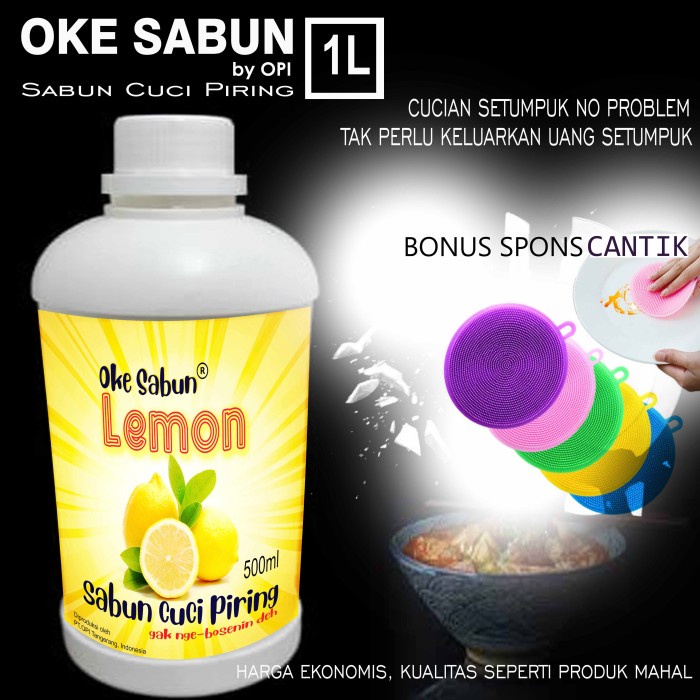 Sabun Cuci Piring 1 Liter Lemon dan 8 varian wangi lain bonus spons New Formula sudah ada izin edar resmi by Oke sabun suplayer