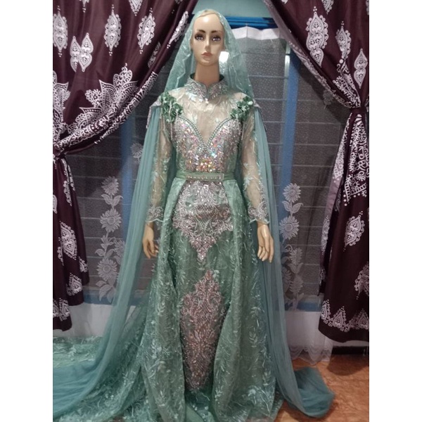 gaun pengantin slimfit hijau wardah murah