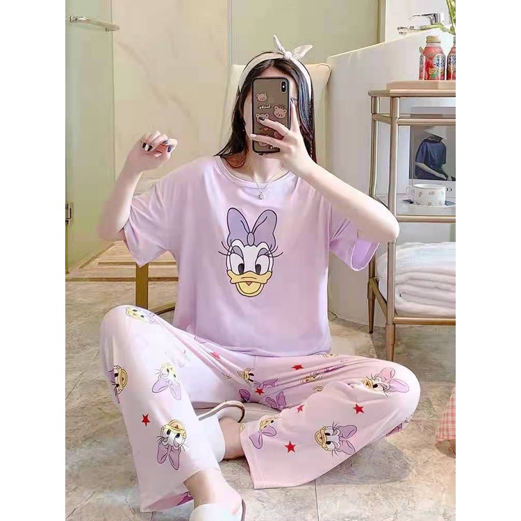 Baju Tidur Wanita Lengan Pendek Celana Panjang Bahan Spandex Import Adem Dan Lembut