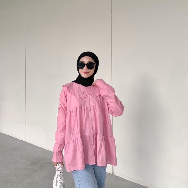 KEMEJA ELISHA BLOUSE RUFFLE KATUN POPLIN LONG SHIRT PREMIUM SHIRT B580 CO