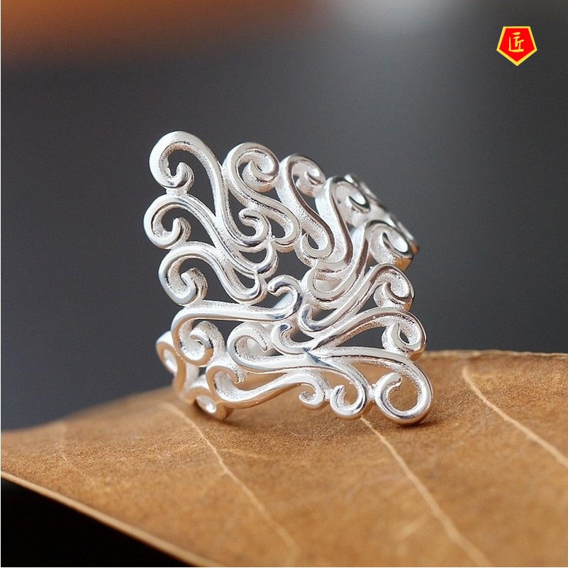 [Ready Stock]Women's Retro Hollow Pattern Silver Ring